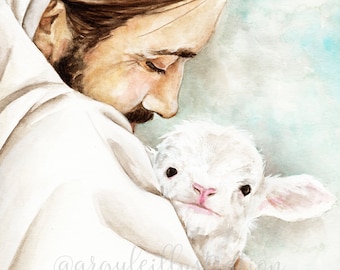 Watercolor Print of Christ with a Lamb