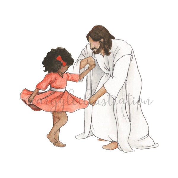 Digital Faceless Christ Dancing with Little Girl in Red Dress