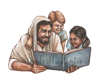 Watercolor print of Children Reading with Christ