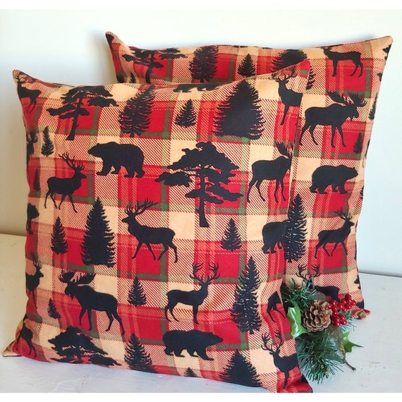 READY TO SHIP Buffalo Plaid Pillow Covers Farmhouse Pillow Covers Christmas Gift Woodland Animals Christmas Pillow Covers Etsy