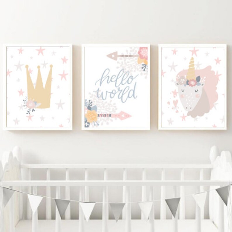 floral pastel unicorn print hello world quote prints girls etsy