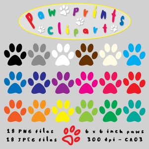 May include: Set of 18 paw print clip art images in various colors, including black, gray, white, brown, blue, purple, pink, red, orange, yellow, green, and turquoise. Each paw print is 6 inches wide and 6 inches tall, with a resolution of 300 dpi. The text "Paw Prints Clip Art" is displayed in a yellow oval at the top of the image.