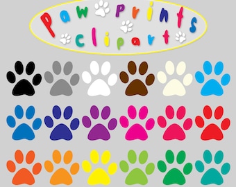 May include: Set of 18 paw print clip art images in various colors, including black, gray, white, brown, blue, purple, pink, red, orange, yellow, green, and turquoise. Each paw print is 6 inches wide and 6 inches tall, with a resolution of 300 dpi. The text "Paw Prints Clip Art" is displayed in a yellow oval at the top of the image.