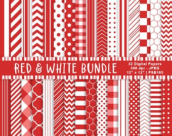 Red & White Digital Papers, Red Backgrounds, Scrapbook Paper, Printable Patterns, Red Stripes, Polka Dots, Commercial Use, Item PSB105