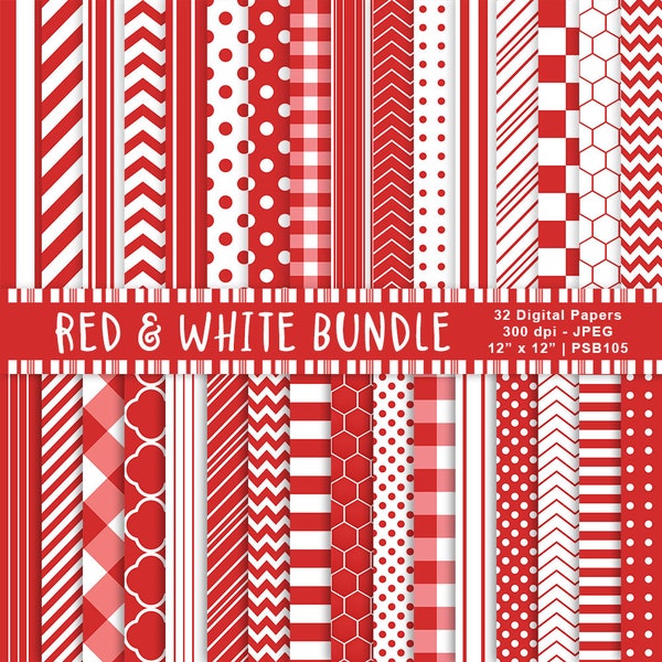 Red & White Digital Papers, Red Backgrounds, Scrapbook Paper, Printable Patterns, Red Stripes, Polka Dots, Commercial Use, Item PSB105