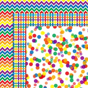 Pu&ograve; includere: Un design vibrante e colorato con diversi motivi. L'immagine presenta un motivo a zig-zag nei colori dell'arcobaleno, un motivo a quadri e una dispersione di cerchi colorati su sfondo bianco. Adatto a vari progetti creativi.