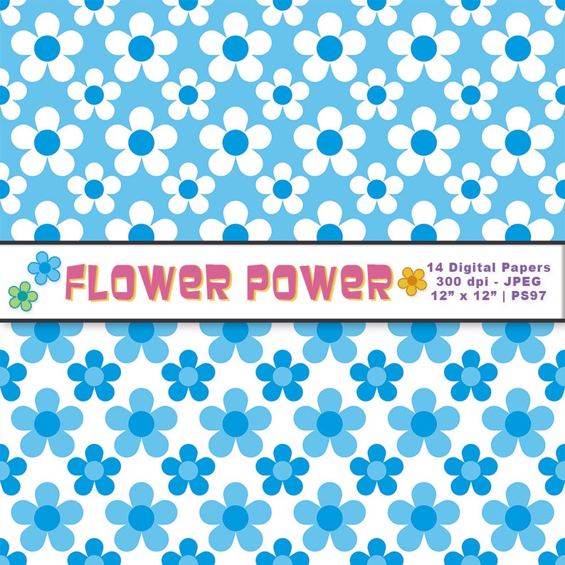 May include: A digital paper pack with 14 different patterns featuring blue and white flowers on a light blue background. The text "FLOWER POWER" is displayed in a banner at the top of the image.