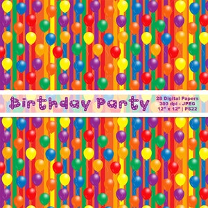 Pu&ograve; includere: Un colorato design di carta digitale con strisce verticali rosse, arancioni, gialle, verdi, blu e viola. Palloncini dai colori coordinati sono sparsi sullo sfondo. Lo striscione mostra le parole "Birthday Party".