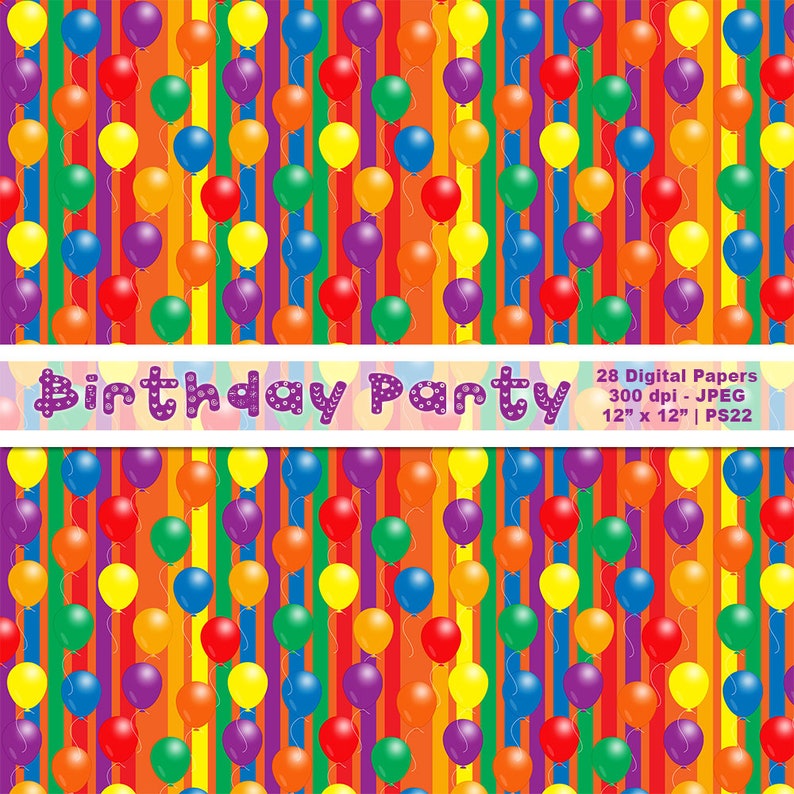 Pu&ograve; includere: Un colorato design di carta digitale con strisce verticali rosse, arancioni, gialle, verdi, blu e viola. Palloncini dai colori coordinati sono sparsi sullo sfondo. Lo striscione mostra le parole "Birthday Party".