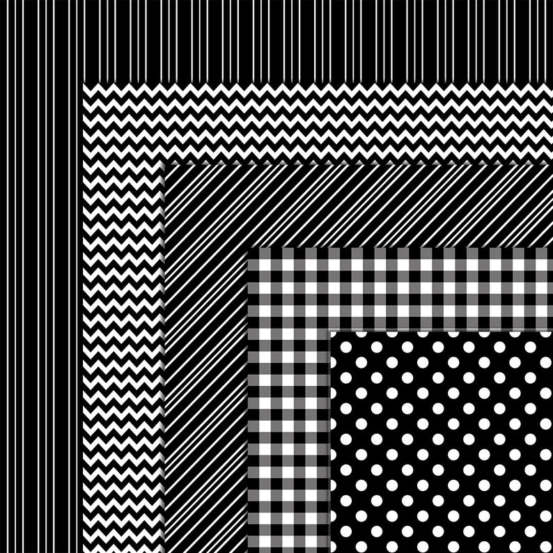 May include: Black and white patterned paper pack with five different designs: stripes, zigzags, diagonal stripes, gingham, and polka dots.