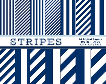 Navy & White Striped Digital Paper, Graduated Stripes, Striped Paper, Digital Backgrounds, Commercial Use, Instant Download, Item PS18