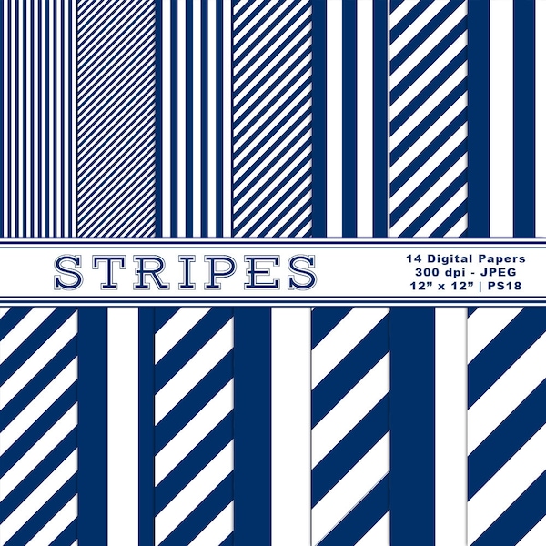 Navy & White Striped Digital Paper, Graduated Stripes, Striped Paper, Digital Backgrounds, Commercial Use, Instant Download, Item PS18