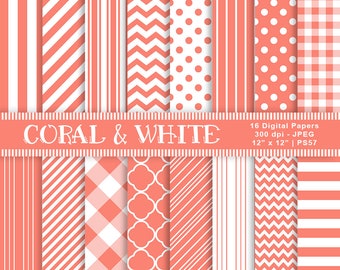 Coral & White Digital Papers, Patterned Paper, Digital Scrapbook Papers, Digital Coral Paper, Coral Patterns, Background Paper, Item PS57