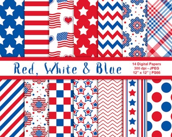 Red White & Blue Digital Paper, Patriotic Paper, Independence Day, July 4th Patterns, Printable Scrapbook Paper, Commercial Use, Item PS66