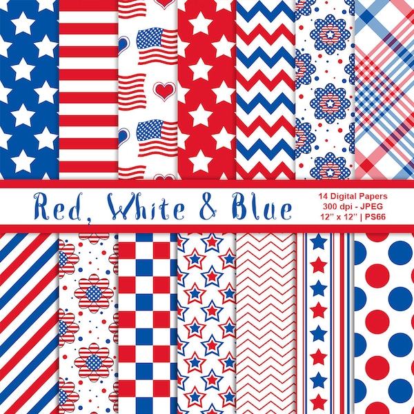 Red White & Blue Digital Paper, Patriotic Paper, Independence Day, July 4th Patterns, Printable Scrapbook Paper, Commercial Use, Item PS66