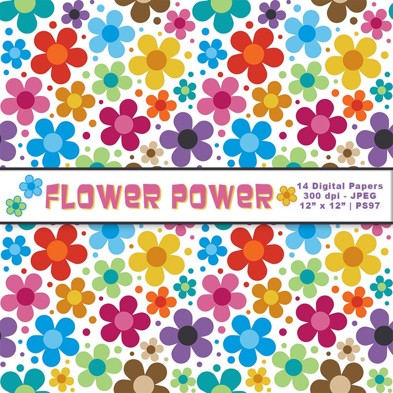 May include: A digital paper pack with 14 colorful flower patterns. The patterns feature a variety of colors, including red, orange, yellow, green, blue, purple, and pink. The flowers are arranged in a repeating pattern on a white background. The text "FLOWER POWER" is displayed in a banner at the bottom of the image.