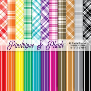 Pinstripes & Plaid, Digital Scrapbook Paper, Plaid Background, Pinstripe Background, Rainbow Printables, Stripes, Commercial Use, Item PS90