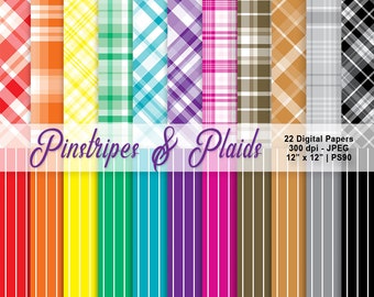 Pinstripes & Plaid, Digital Scrapbook Paper, Plaid Background, Pinstripe Background, Rainbow Printables, Stripes, Commercial Use, Item PS90