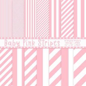 Carte digitali a righe rosa e bianche per bambini, carta per bambini stampabile, carta a righe per baby shower, sfondi digitali, carta per album da scrapbook, articolo PS37