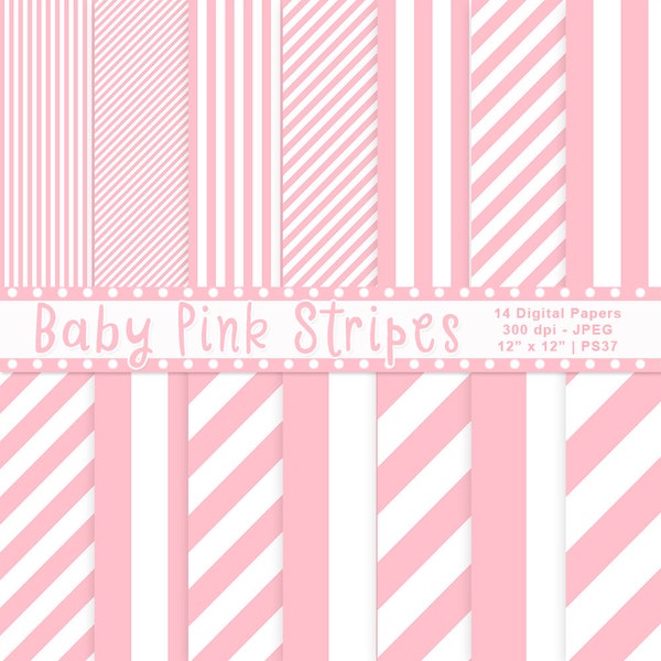 Baby Pink & White Striped Digital Papers, Printable Baby Paper, Baby Shower Striped Paper, Digital Backgrounds, Scrapbook Paper, Item PS37