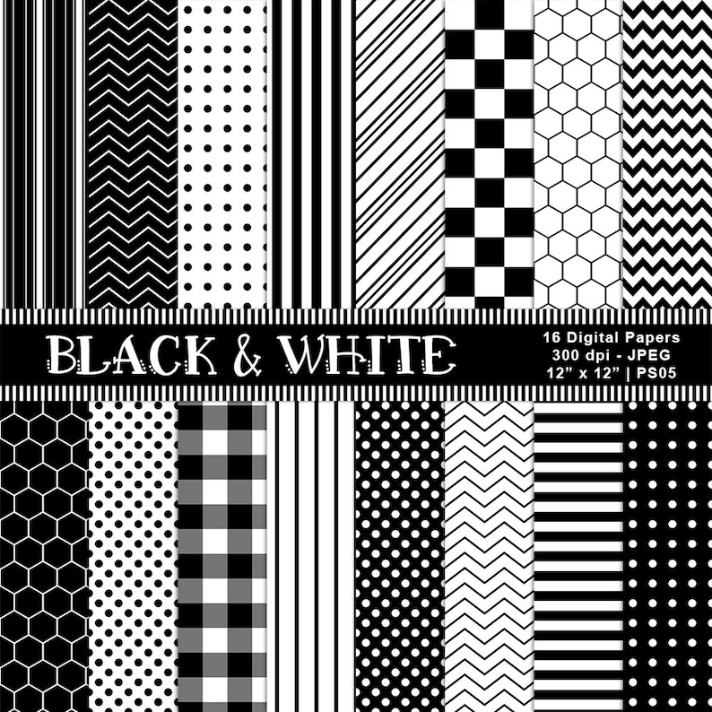May include: A set of 16 digital papers in black and white featuring various patterns, including stripes, polka dots, chevron, and geometric designs. The papers are 12 inches by 12 inches and 300 dpi.