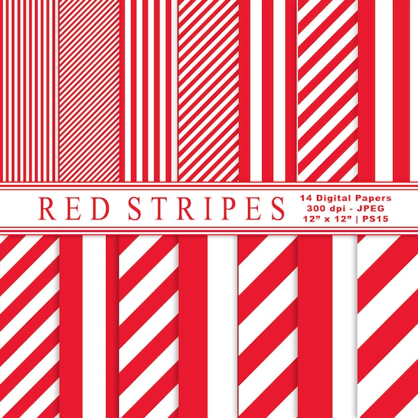 Red & White Striped Digital Paper, Vertical and Diagonal Stripes, Striped Scrapbook Paper, Commercial Use, Instant Download, Item PS15