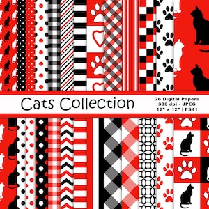 Collezione gatti Carta digitale, Gatti digitali, Zampe e carta con motivi assortiti, Carta per gatti in bianco e nero rosso, Uso commerciale, Articolo PS41