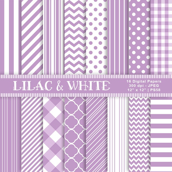 Lilac & White Digital Papers, Patterned Paper, Digital Scrapbook Papers, Digital Lilac Paper, Lilac Patterns, Background Paper, Item PS58