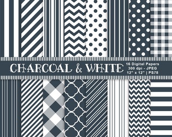 Charcoal & White Digital Papers, Patterned Paper, Digital Scrapbook Papers, Background Paper, Instant Download, Commercial Use, Item PS78