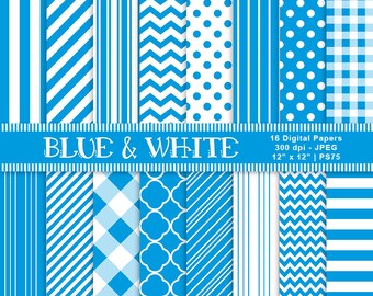 Digital Blue and White Paper, Blue Scrapbook Paper, Printable Paper, Blue and White Background Paper, Stripes, Commercial Use, Item PS75