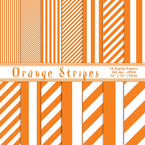 Orange & White Striped Digital Papers, Striped Paper, Digital Backgrounds, Printable Paper, Scrapbook Paper, Commercial Use, Item PS59