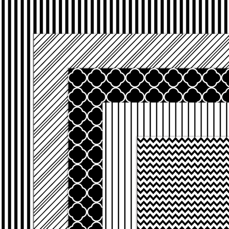 May include: Black and white geometric patterns in a layered design. The patterns include stripes, diagonal lines, quatrefoils, and a chevron pattern.