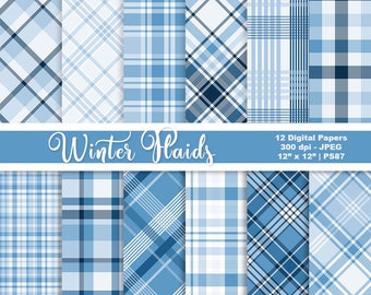 Blue Winter Plaids, Digital Paper, Holiday Patterns, Christmas Paper, Blue Printables, Digital Scrapbook Paper, Commercial Use, Item PS87