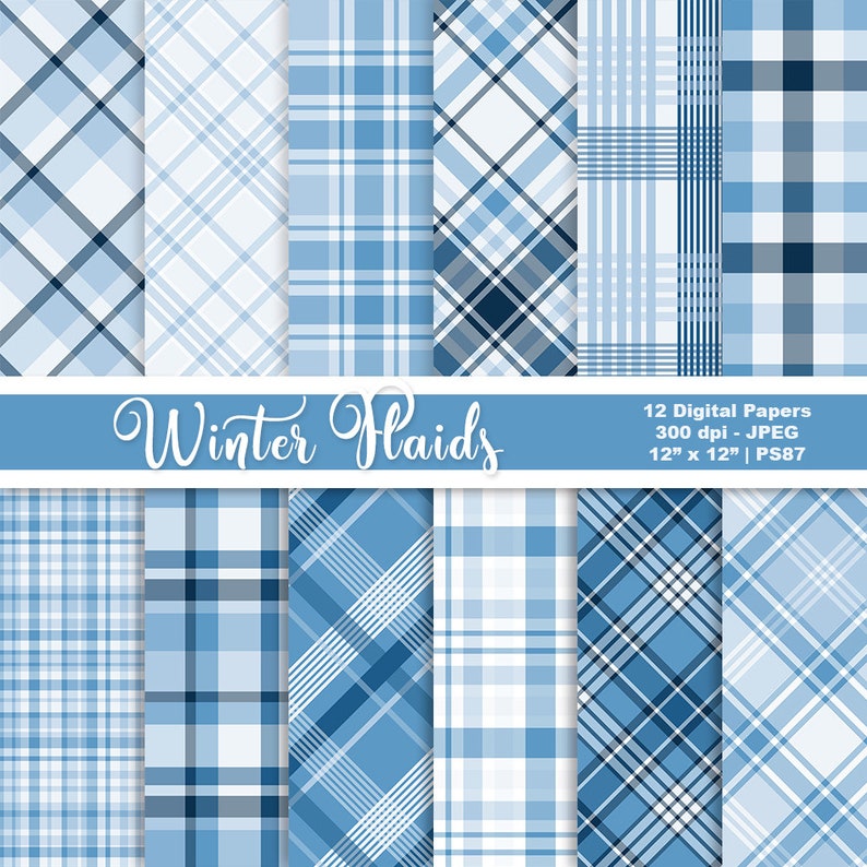 May include: Twelve digital papers featuring blue and white plaid patterns. The papers are 12 inches by 12 inches and 300 dpi. The text "Winter Flaids" is displayed on a blue banner.