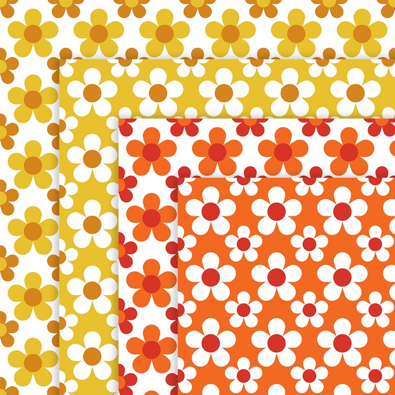May include: Four seamless patterns featuring white flowers with different colored centers on a white background. The patterns are layered, with the top layer featuring red centers, the middle layer featuring orange centers, and the bottom layer featuring yellow centers.