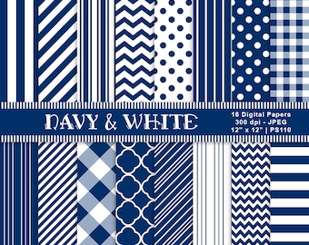 Navy & White Digital Papers, Digital Scrapbook Paper, Patterned Papers, Navy Backgrounds, Navy Printable Paper, Commercial Use, Item PS110