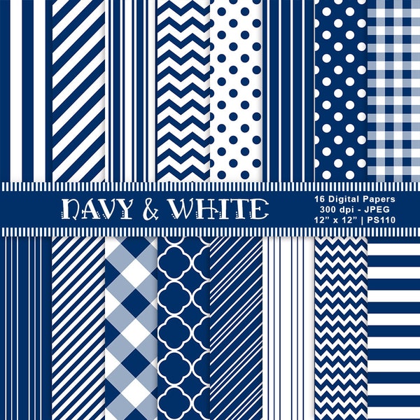 Navy & White Digital Papers, Digital Scrapbook Paper, Patterned Papers, Navy Backgrounds, Navy Printable Paper, Commercial Use, Item PS110