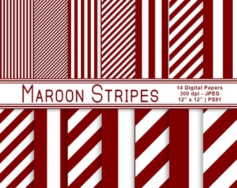 Digital Maroon Striped Papers, Maroon Backgrounds, Scrapbook Paper, Printable Paper, Maroon and White Stripes, Commercial Use, Item PS81