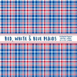 Red White & Blue Digital Plaid Paper, Patriotic Papers, July 4th Printables, Independence Day Digital Backgrounds, Commercial Use, Item PS99 image 3