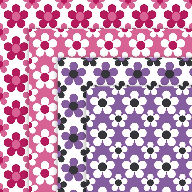 May include: Four seamless patterns featuring white daisies with different colored centers on a white background. The patterns are layered, with the top layer featuring purple daisies with black centers, the middle layer featuring purple daisies with white centers, and the bottom layer featuring pink daisies with white centers.