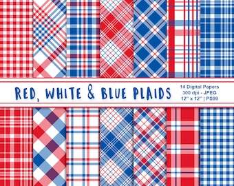 Red White & Blue Digital Plaid Paper, Patriotic Papers, July 4th Printables, Independence Day Digital Backgrounds, Commercial Use, Item PS99