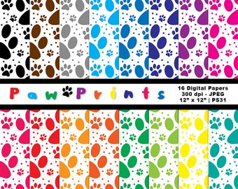 Paws Digital Paper, Rainbow Paw Prints, Paw Patterns, Animal Digital Paper, Paw Print Scrapbook Paper, Commercial Use, Item PS31