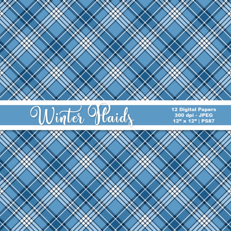 May include: A seamless pattern of blue and white plaid. The pattern is repeated throughout the image. The text "Winter Flaids" is written in a white banner across the middle of the image. The text "12 Digital Papers 300 dpi - JPEG 12" x 12" | PS87" is written in a white banner at the bottom of the image.