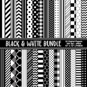 Black & White Digital Paper Bundle, Digital Background Paper, Digital Scrapbook Paper, Printable Patterned Paper, Commercial Use, Item PSB38