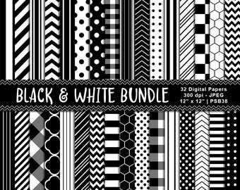 Black & White Digital Paper Bundle, Digital Background Paper, Digital Scrapbook Paper, Printable Patterned Paper, Commercial Use, Item PSB38