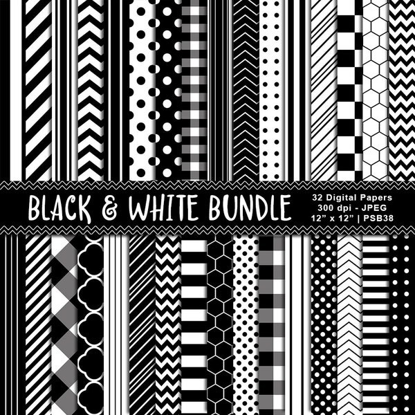 Black & White Digital Paper Bundle, Digital Background Paper, Digital Scrapbook Paper, Printable Patterned Paper, Commercial Use, Item PSB38