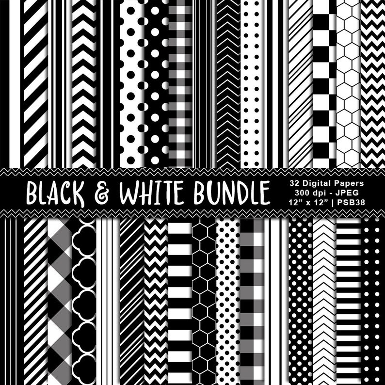 May include: A set of 32 digital papers in black and white featuring various geometric patterns, including polka dots, stripes, chevron, and gingham. The papers are 12 inches by 12 inches and 300 dpi.