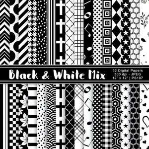 Fond à motifs noir et blanc, papiers numériques en noir et blanc, papiers scrapbook, rayures, pois, utilisation commerciale, article PS107