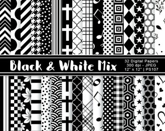 Black and White Patterned Background, Black and White Digital Papers, Scrapbook Papers, Stripes, Polka Dots, Commercial Use, Item PS107