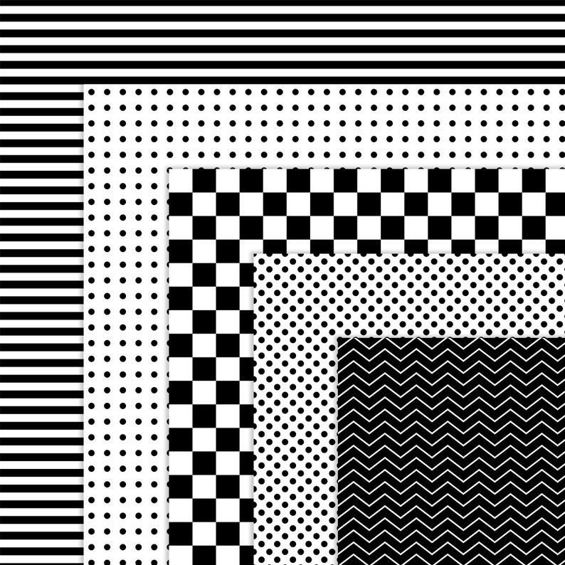 May include: A set of five black and white patterned digital papers. The patterns include stripes, polka dots, a checkerboard, a smaller polka dot pattern, and a chevron pattern.